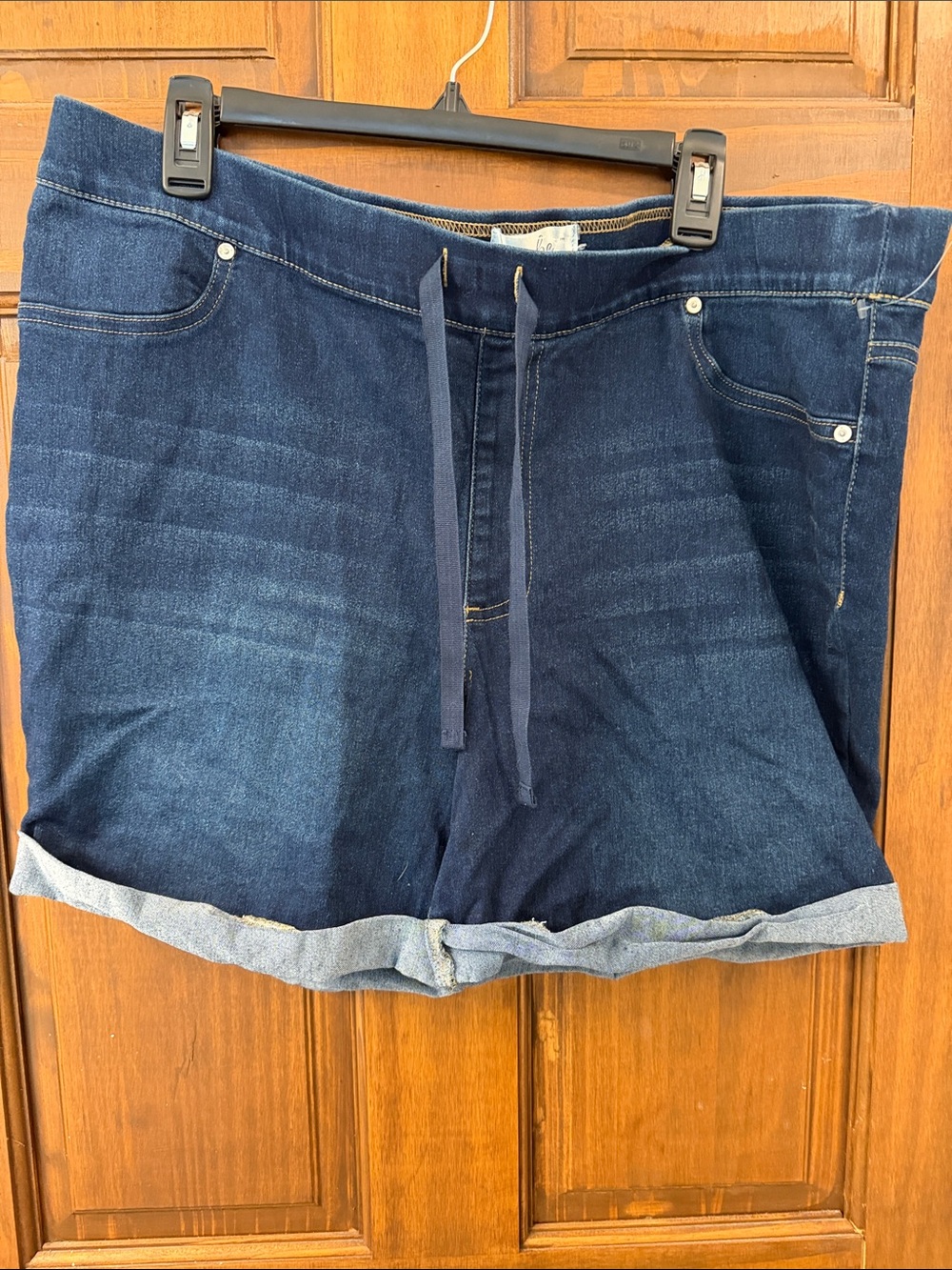 Women's Dark Blue Drawstring Rolled-Hem Jean Shorts